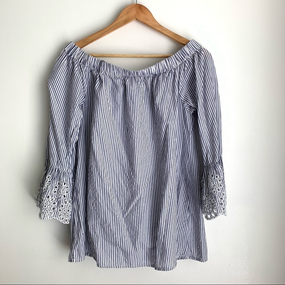 beachlunchlounge off the shoulder blue striped top